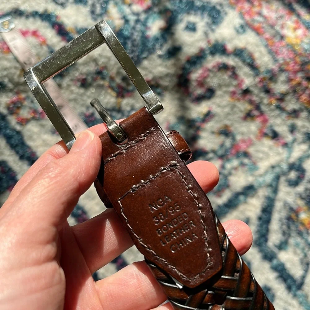 Brown woven leather belt with silver buckle size 38